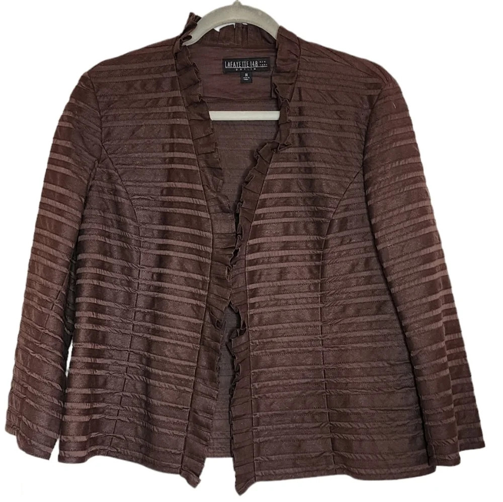 Lafayette 148 Linen Cotton Brown Ruffle Blazer Jacket Women's‎ Size 14